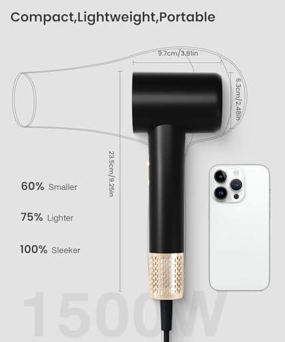 Professional Hair Dryer - 130000 RPM High Speed Brushless Motor Negative Ionic Blow Dryer for Fast Drying, Low Noise Thermo-Control Hairdryer with Magnetic Diffuser & Nozzle for Home Travel