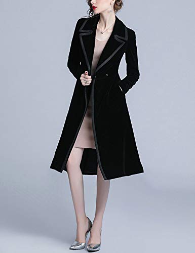 Omoone Women's Double Breasted Lapel Midi Long Vintage Velvet Trench Coat(0102-NavyBlue-XS)