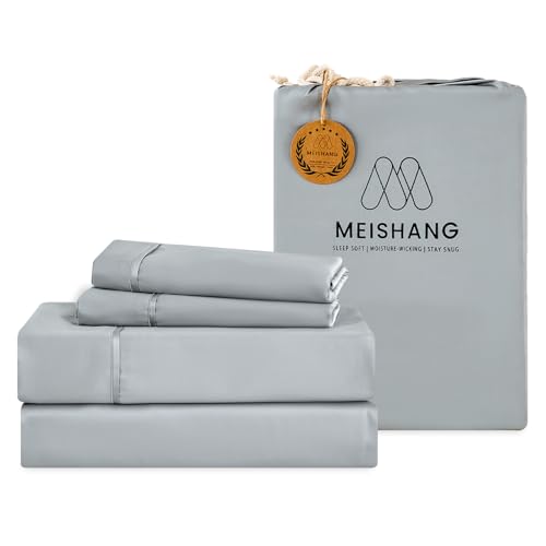 MEISHANG Bamboo Viscose Sheets Queen Size - 100% Organic Viscose,400TC Cooling Luxury Sheet Set with 16" Deep Pockets - 4 Pieces(Dark Grey)