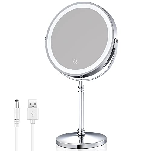 AMZNEVO Rechargeable 8'' Lighted Makeup Mirror, 10X Magnifying Vanity Mirror with 3 Color LED Lights, Double-Sided Cosmetic Mirror Battery Powered, Touch Button Adjust Brightness