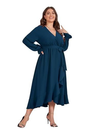 SCOMCHIC Women Plus Size Wedding Guest Maxi Dress Long Sleeve Wrap V Neck High Low Split Ruffle Cocktail Dress with Belt White