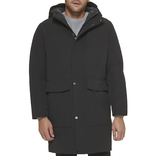 DKNY Men's Water Resistant Hooded Logo Parka Jacket, Heavyweight Black