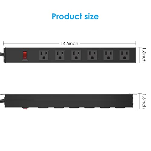 Metal Wall Mount Power Strip, Mountable Power Outlet with 6 AC Outlets, Aluminum Alloy Mount Power Socket with Switch, 3 FT SJT 3/C 14AWG Power Cord, 15A 125V 1875W (6AC) Black