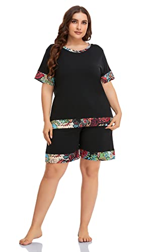 ZERDOCEAN Women's Plus Size Soft Sleepwear Pajamas Set Short Sleeve Tops with Shorts Nightwear Pj Lounge Sets Black+paisleyrim 1X
