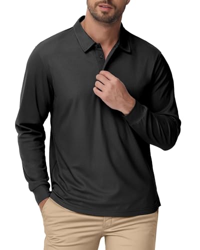 Cityork Men's Polo Shirt Long Sleeve Golf Polo Shirts for Men Moisture Wicking Button Down Dry Fit Comfort Colors T Shirt UPF50+ Black