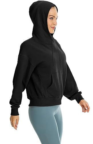 icyzone Women's Fleece Lined Hooded Sweatshirt Tops, Oversized Casual Pullover with kangaroo Pocket & Drawstring (Black, S)