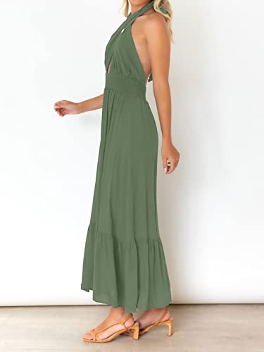 ZESICA Women's 2024 Summer Crossover Halter Neck Sleeveless Plaid Cut Out Backless Flowy A Line Maxi Dress,LycheeRed,Medium