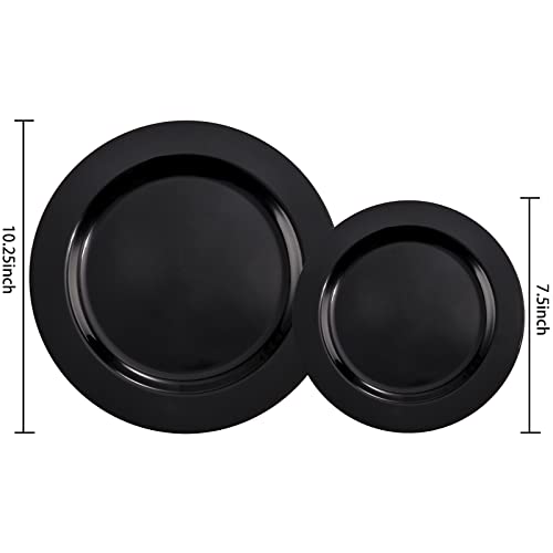 FLOWERCAT 60PCS Black Plastic Plates - Heavy Duty Black Disposable Plates for Party/Wedding - Include 30PCS 10.25inch Black Dinner Plates and 30PCS 7.5inch Black Dessert/Salad Plates