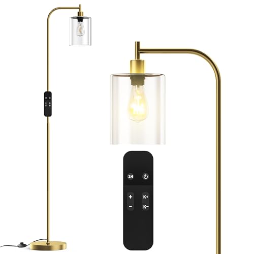 PAZZO LED Floor Lamp, Industrial Standing Lamp with Glass Lampshade, Ideal for Living Room, Bedroom, and Office,Gold(Includes Remote Control)