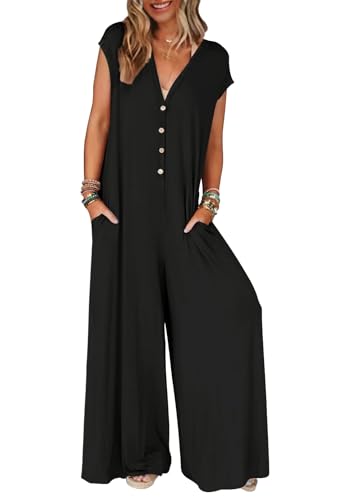 MEROKEETY Women's 2024 Summer Cap Sleeve Jumpsuits Deep V Neck Button Onesie Wide Leg Pants Rompers,Black,S