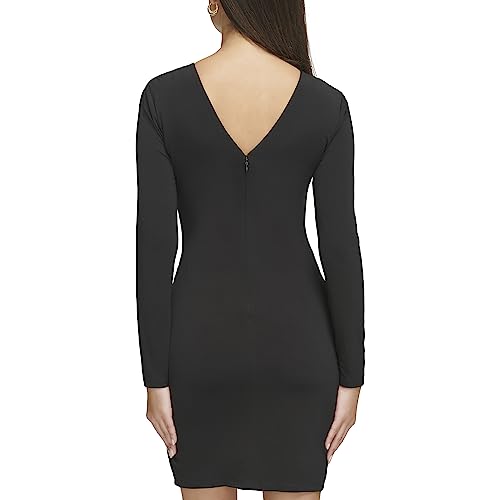 GUESS Women's Knot Detail Fitted Long Sleeve V-Neck Dress, Navy