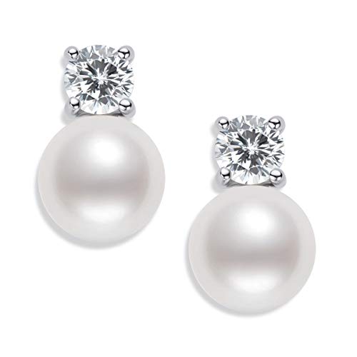 DENGGUANG Pearl Stud Earrings June Birthstone Freshwater Cultured 6.5mm Small White Pearl Drop Silver Earrings with Cubic Zirconia Jewelry Gifts for Women