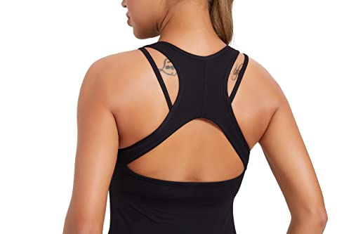 RUNNING GIRL Tank Top for Women, Workout Ribbed Cotton Sports Bra Racerback Compression Long Tank Tops Plus Size Athletic (BX2356 Blue, CN:L,US:M)