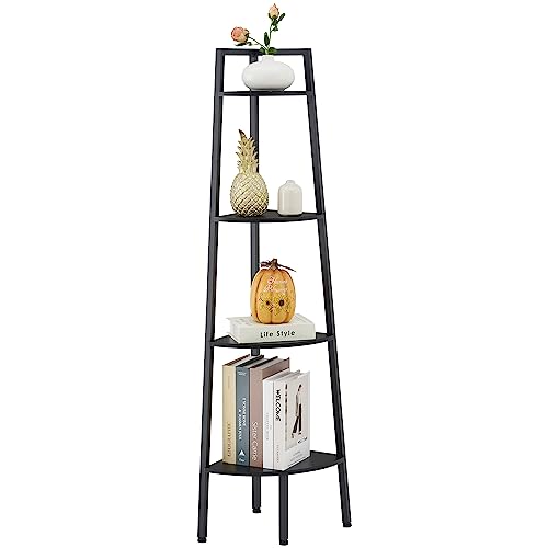Hoctieon Corner Shelf, 4-Tier Corner Bookshelf, Rustic Corner Ladder Shelf, Industrial Display Shelf for Living Room, Kitchen, Home Office, Balcony, Small Space, Metal Frame, Black