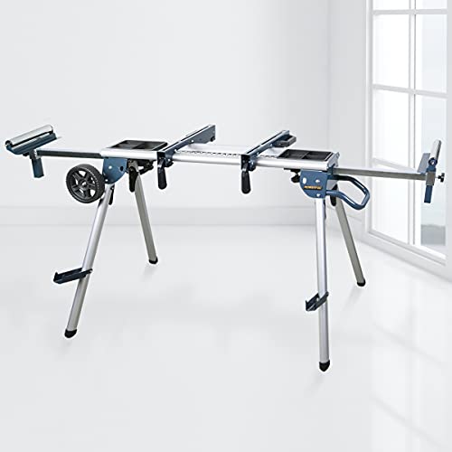 POWERTEC Portable Miter Saw Stand w/ 330Lbs Load Capacity, 8" Wheels and 3-Prong Tripple Outlets, Folding Design for Easy Storage in Garage, Dust Collector Bag Included - Blue (MT4000B)