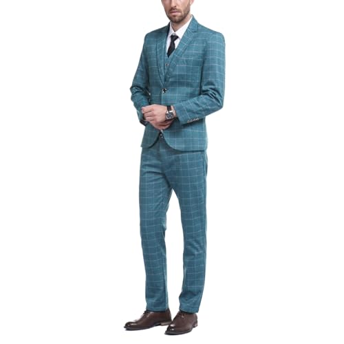 Cloudstyle Men's Suit Plaid Modern Fit 3-Piece Suit Center Vent Blazer Jacket Tux Vest & Trousers Blue