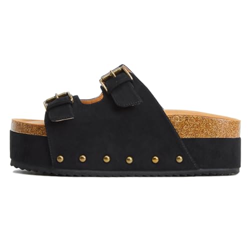 Yishaweiqi Women's Metallic Silver Platform Sandals Comfortable Cork Footbed Studded Flatform Sandals Adjustable Buckle Straps Flat Clogs Slide Sandals