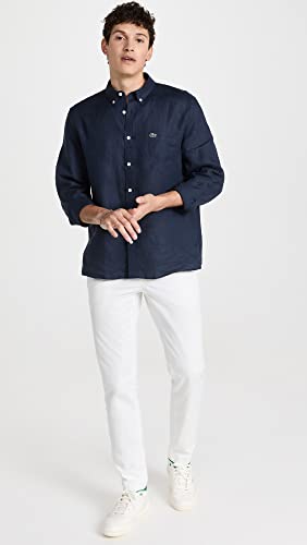 Lacoste Men's Long Sleeve Regular Fit Linen Button Down with Front Pocket, CH5692-166-XS/S Navy Blue