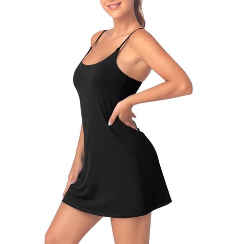 Leovqn Womens Tennis Dress with Built-in Bra & Shorts Athletic Dress for Women Workout Dress with Adjustable Straps Exercise Dress with Pockets Golf Dress Black