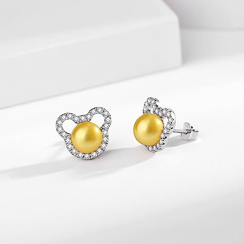 BAMIKI Pearl Earrings Cute Mickey Mouse Studs for Women, S925 Sterling Silver and Sapphire Blue CZ Earrings, White Freshwater Cultured Pearls Jewelry Gifts Hypoallergenic Earrings