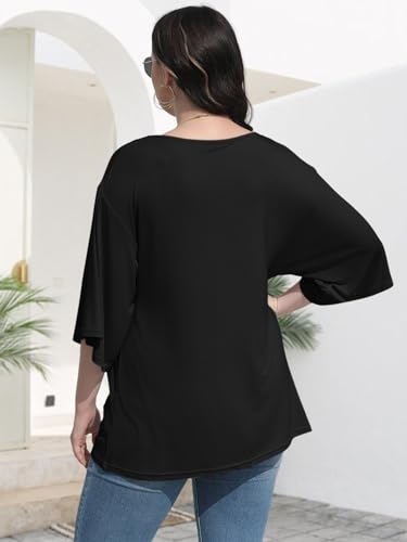 MK Shop Limited Plus Size Tops for Women Dressy 2024 Summer Casual 3/4 Sleeve Shirts Trendy Folded Neck Tee Slim Fit Short Sleeve Blouses Going Out Loose Outfits Black