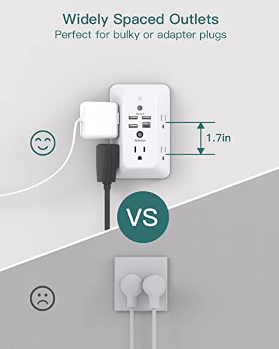 Surge Protector, Outlet Extender with Night Light, Addtam 5-Outlet Splitter and 4 USB Ports(1 USB C), Multi Plug Wall Outlet for Home Office Dorm Room Essentials