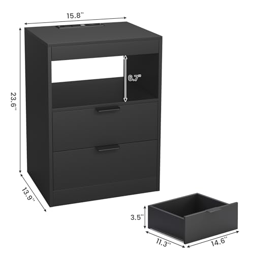 ADORNEVE LED Nightstand Black Nightstand with Wireless Charging Station 2 Drawers, Modern Bedroom End Side Table with LED Lights, Wooden Sofa Bedside Table with Pull-Out Shelf