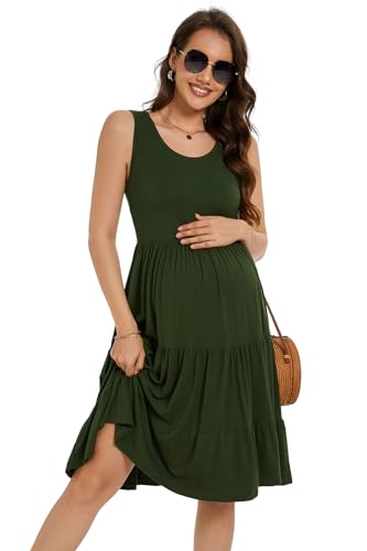 Smallshow Women's Maternity Dress Sleeveless Ruffle Tank Pregnancy Clothes,Army Green,M