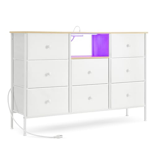 SONGMICS Dresser with Power Outlets and LED Lights, Fabric Chest of Drawers, 25 Colors, 8 Drawers, TV Stand for up to 60 Inch TVs, 11.8 x 47.2 x 31.3 Inches, Cloud White and Oak Beige ULTS518W01