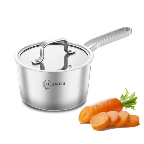 LOLYKITCH Tri-Ply Stainless Steel 1.5 QT Saucepan with Lid, Dia.16CM Induction Cooking Sauce Pot, Oven and Dishwasher safe,Detachable Handle.