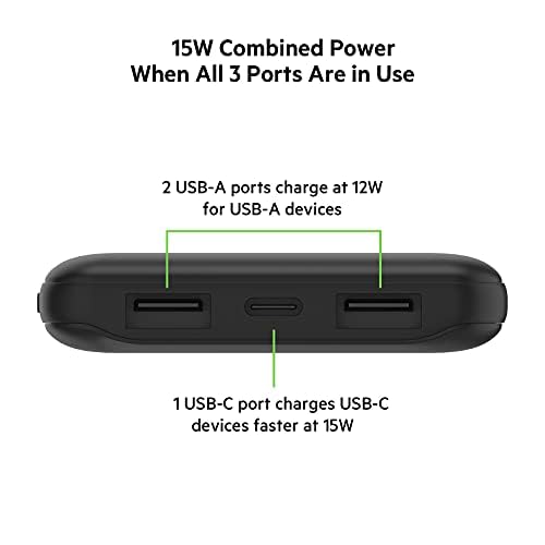 Belkin Power Bank, BoostCharge USB-C Portable Charger 10k w/ 1 USB-C Port and 2 USB-A Ports with USB-A to USB-C Cable for iPhone 16, 16 Plus, 16 Pro, 16 Pro Max, Samsung Galaxy S24, & More - Black