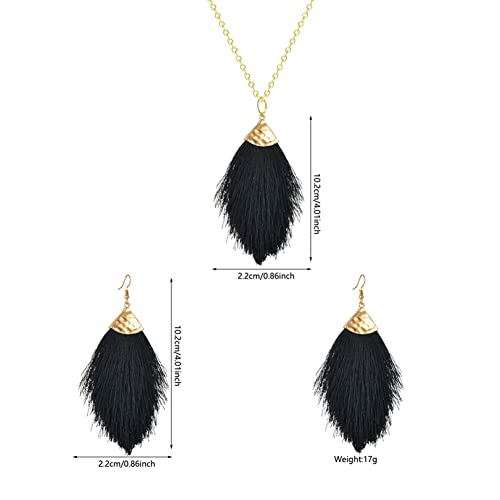 Seakuur Bohemian Silky Thread Fan Fringe Tassel Statement Earrings Lightweight Strand Feather Shape Dangles Earring Necklace Set for Women (Black)