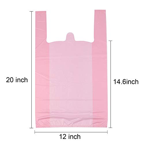LazyMe T Shirt Bags, Bolsas De Plastico Para Negocio,12x20 Inches Plastic Shopping Bags with Handles for Grocery, Business, Restaurant Use (Pink 100pcs)