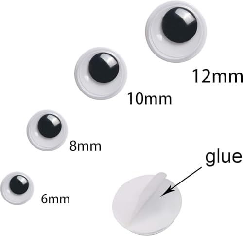 UPINS 300 Pcs Black Wiggle Googly Eyes with Self-Adhesive, 6 mm 8 mm 10 mm 12 mm Mixed Packaging