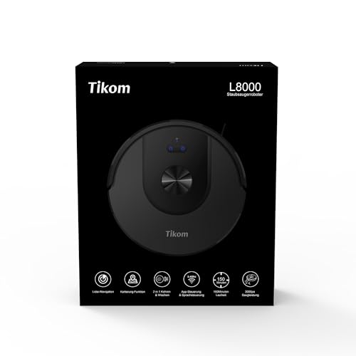 Tikom Robot Vacuum and Mop, L8000 Laser LiDAR Navigation Robotic Vacuum, 3000Pa Suction, 150Mins Max, 45dB, 14 No-Go Zones, 20 Virtual Walls, Self-Charging, Good for Pet Hair, Carpet, Hard Floor