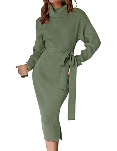 ZESICA Women's Turtleneck Sweater Midi Dress Long Sleeve Ribbed Knit Bodycon Slit Dress with Belt,Lake,Large