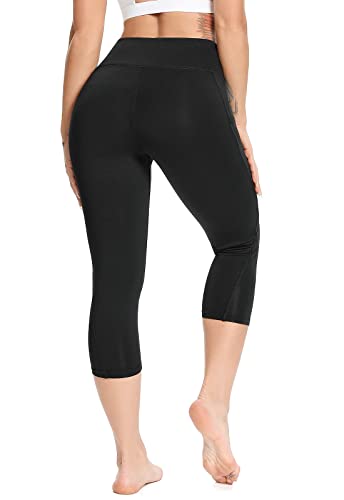 FITTOO Women's Yoga Capris Leggings with Side Pockets Workout Pants Black S