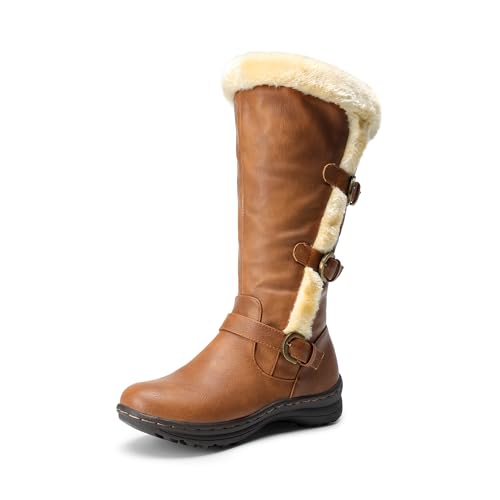 DREAM PAIRS Women's Fully Faux Fur Lined Triple Buckle Ruched Snow Knee High Winter Boots Black PU Size 12