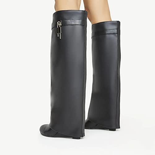 Yishaweiqi Padlock Detail Fold Over Boots for Women Wide-Calf Shark Boots Wedge Heel Knee High Long Boot in Tan Brown Faux Leather