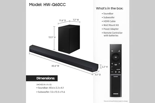 SAMSUNG HW-Q60CC 3.1ch Soundbar with Dolby Audio, Q-Symphony, Adaptive Sound Lite, HDMI eARC, Game Mode, Bluetooth, Tap Sound, Wireless Surround Sound Compatible.