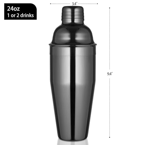 Etens Black Cocktail Shaker, Gunmetal 24 oz Martini Shaker Bar Shaker with Built In Strainer for Bartending - Stainless Steel Bartender Shaker Metal Margarita Mixer for Mixed Drinks