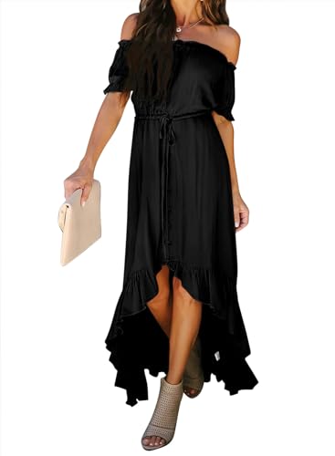 Happy Sailed Off Shoulder Dress for Women Summer Short Sleeve Ruffle Hem Irregular Elegant Maxi Long Beach Party Dress Casual Drawstring Belted Maternity Dresses Green X-Small