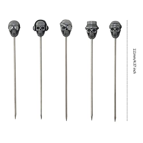 Stainless Steel Cocktail Picks Skull,Metal Martini Sticks,Fruits Toothpicks,Reusable Garnish Skewer Drinks Sandwiches Appetizers Olives Fruits Barbecue Snacks of 5 Pieces (Ancient Silver)