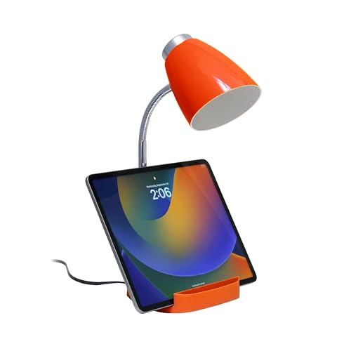Simple Designs LD1002-WHT Gooseneck Organizer Desk Lamp with iPad Tablet Stand Book Holder, White