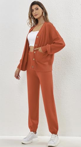 ETCYY NEW Women's 2 Piece Outfit Lounge Set Trendy Cardigan Sweater Pants Sets V Neck Button Pocket Knit Matching Loungewear (Striped Beige, M)