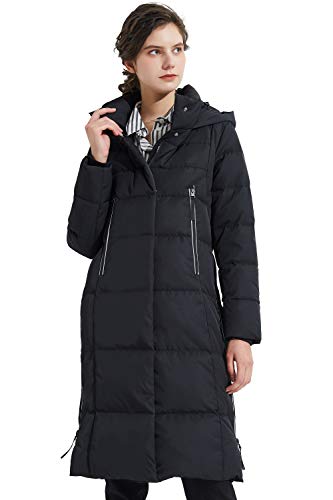 Orolay Women's Thickened Long Down Jacket Winter Down Coat Hooded Puffer Jacket with Side Zipper Pirate Black XS