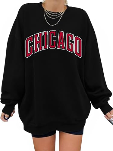 DOOLECK Women's Letter Graphic Print Sweatshirt Cute Chicago Oversized Pullover Crewneck Long Sleeve Tops for Teen Girl