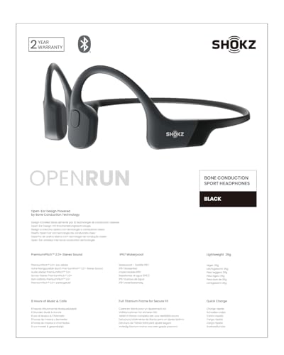 SHOKZ OpenRun - Open-Ear Bluetooth Bone Conduction Sport Headphones, Sweat Resistant Wireless Earphones for Workouts and Running, Built-in Mic, with Hair Band, Black