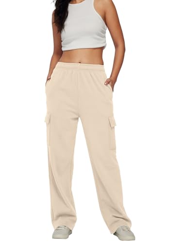 Trendy Queen Womens Drawstring Cargo Sweatpants Casual Fleece Wide Leg Cotton Joggers Sweatpants Sports Lounge Trousers White