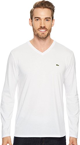 Lacoste Mens Long Sleeve Jersey Pima V-Neck T-Shirt T Shirt, White, Large US